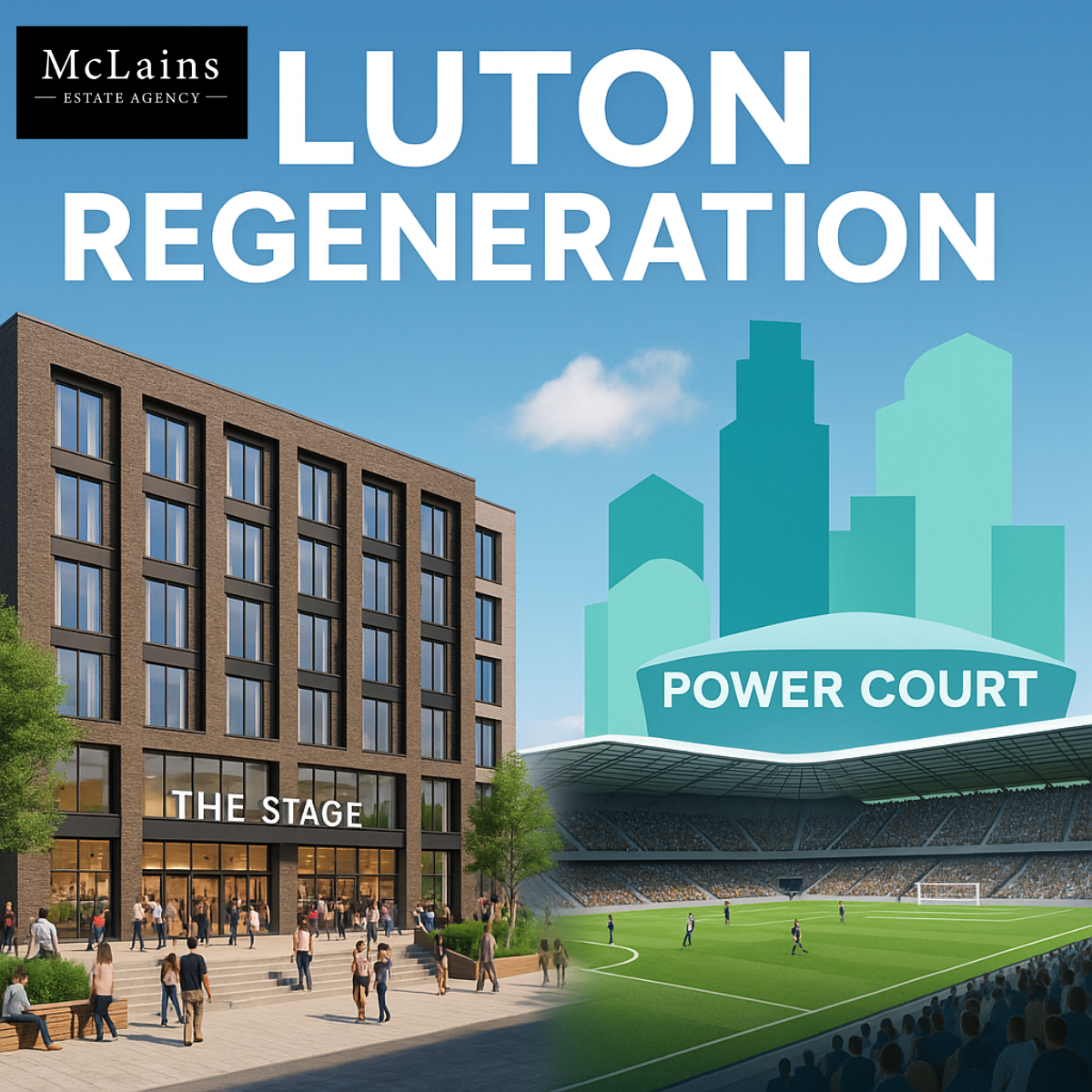 A digital render showing Luton’s regeneration projects, featuring The Stage mixed-use development with modern architecture, public plaza and green space in the foreground, and the Power Court stadium in the background, representing the town’s ongoing transformation.